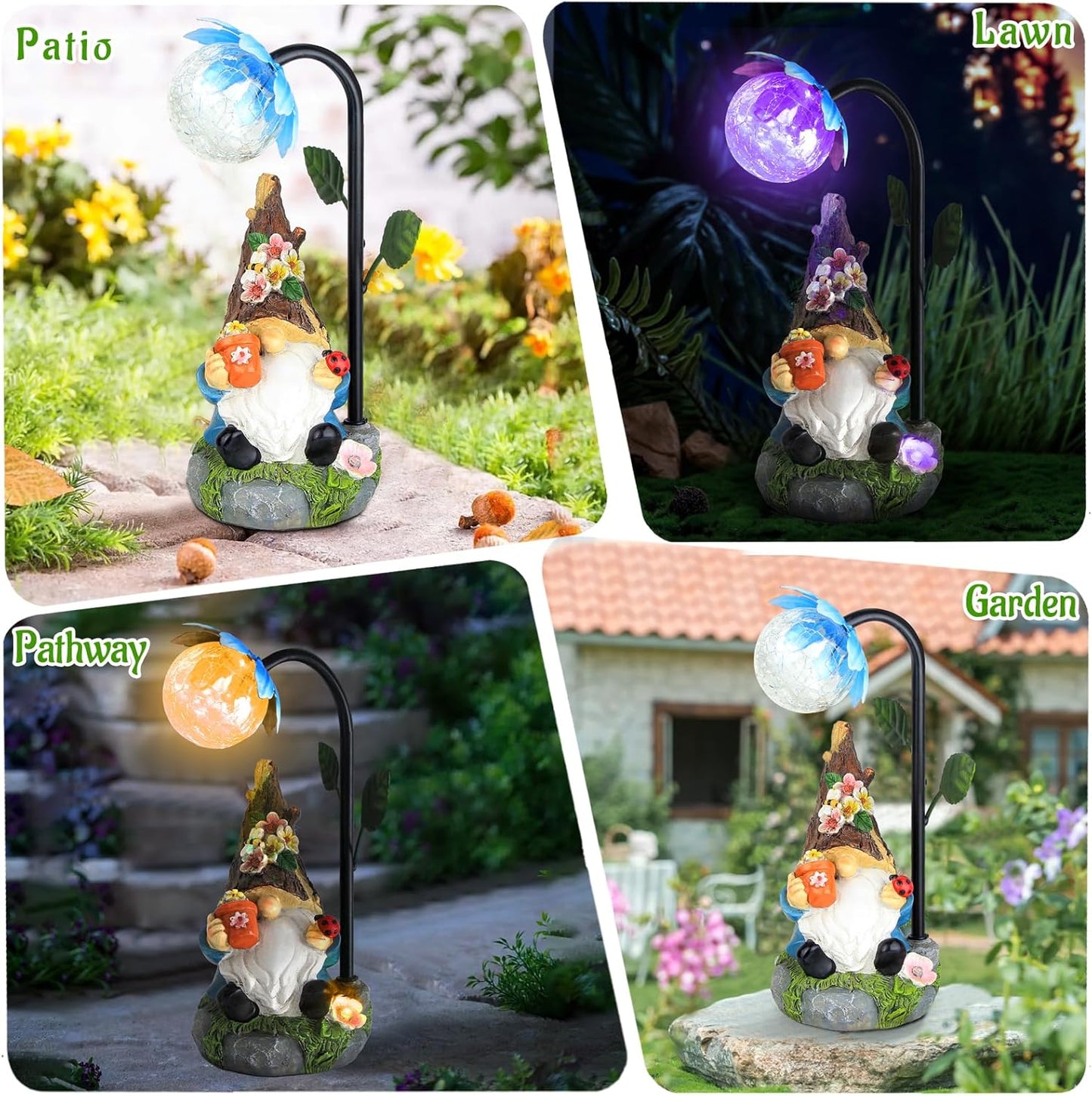 Garden Gnomes Statue Decor, 9.4'' Resin Gnome Figurine with Colorful Gradent Solar LED Lights,Outdoor Decorations for Patio Yard Lawn Porch,Ornament(Blue)