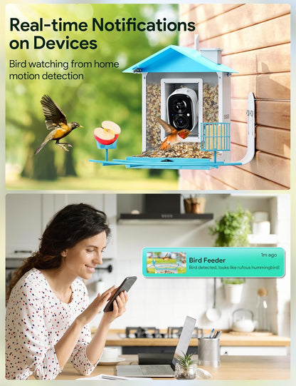 Osoeri Bird Feeder with Camera, Smart Bird Feeder Camera with AI Identify, Metal Bird Feeder with Suet Cage & Fruit Fork, Auto Capture Bird Videos & Motion Detection, Ideal Gift for Bird Lovers