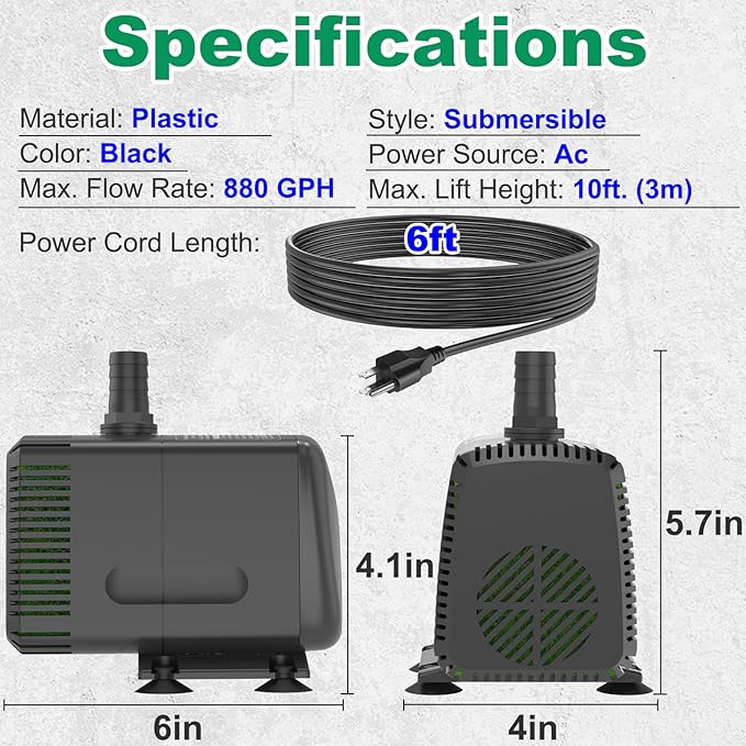 Submersible Pump 880GPH (3500L/H 60W) Ultra Quiet with Over Heating Protection 10.2ft High Lift for Fountains, Hydroponics, Ponds, Aquariums & More…