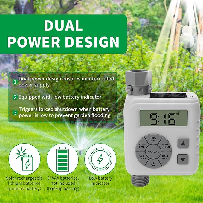 Sprinkler Timer, Programmable Irrigation Water Timer for Garden Hose, Solar/Battery Dual Power & Professional Leak-Proof Design, Rain Delay/Auto/Manual Watering System, Gray