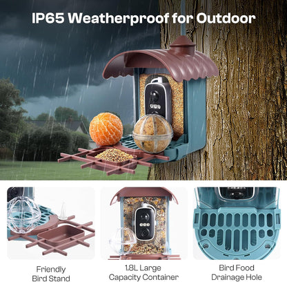 Smart Bird Feeder with Camera – AI Recognition, 130° Wide Angle, Solar & USB Powered, IP65 Waterproof, Motion Detection, Night Vision, Two-Way Audio, Cloud Storage–for Nature Lover (Bird Feeder)