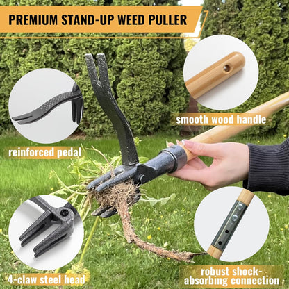 Weed Puller Tool, Stand Up Weed Remover Tool with Long Handle, 4-Claw Steel Head Manual Weeders, Gardening Hand Weeding Tools Without Bending, Pulling, or Kneeling