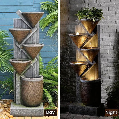 49.6" H Water Fountain Outdoor with LED Lights & Pump, 5-Tier Cascading Outdoor Fountain for Garden,Patio,Porch,Backyard,Home Art Decor (Brown)