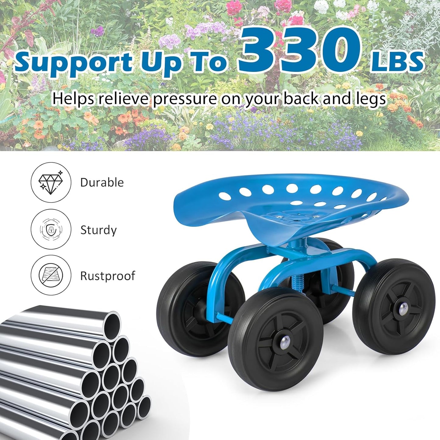 Goplus Garden Cart with Wheels, Utility Stool Cart w/Adjustable 360 Degree Swivel Seat, Outdoor Lawn Yard Rolling Work Seat, Garden Scooter for Planting (Blue)