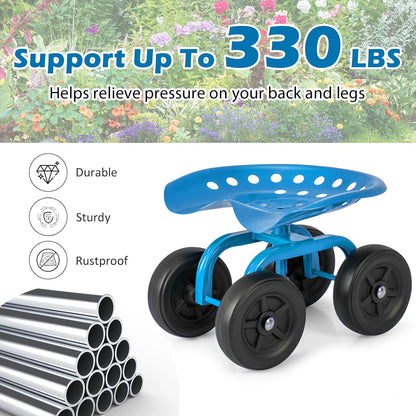 Goplus Garden Cart with Wheels, Utility Stool Cart w/Adjustable 360 Degree Swivel Seat, Outdoor Lawn Yard Rolling Work Seat, Garden Scooter for Planting (Blue)