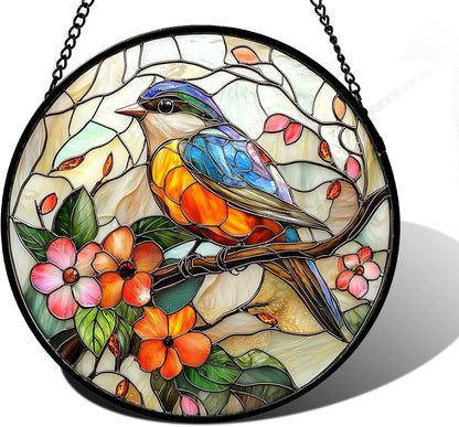 Stained Glass Window Hanging, Blue Bird Pink Flower Suncatcher Diamond Glass Panel Bird Sun Catchers Decor for Birthday for Women, Men, Wife, Aunt, and Mom 7.8 in