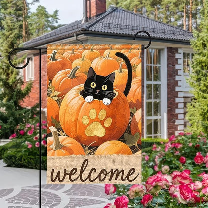 Thanksgiving Fall Garden Flag 12x18 Inch Welcome Black Cat Flag Double Sided Outdoor Autumn Yard Banner with Pumpkins and Paw Print for Porch Lawn Patio Seasonal Decor