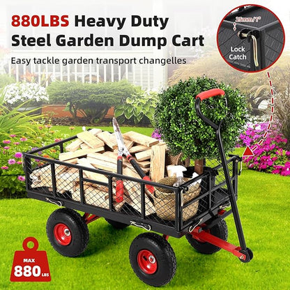 GarveeLife 880 LBS Steel Garden Dump Cart, Heavy Duty Yard Dump Utility Wagon w Removable Mesh Sides, Utility Metal Wagon w 180° Rotating Handle, 10 in Wheels Perfect for Garden, Farm, Yard