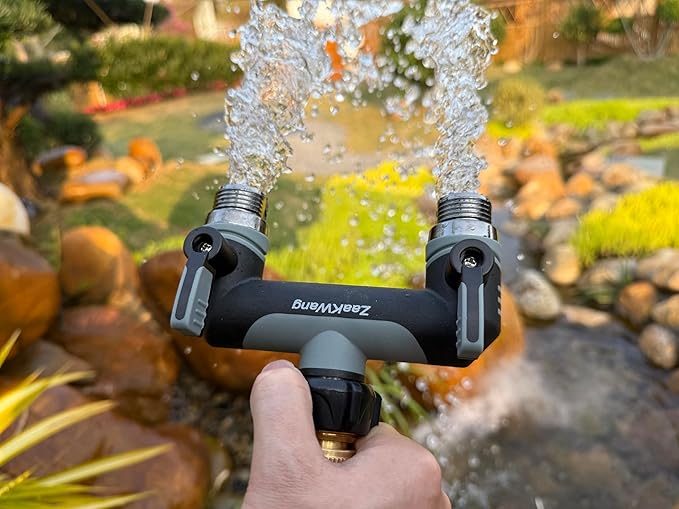 Full Flow Heavy Duty Two - Way Hose Splitter, Rugged Garden Faucet Adapter, Spout Diverter T - Way Adapter with Extended Handle, 3/4” GHT Thread, Grey