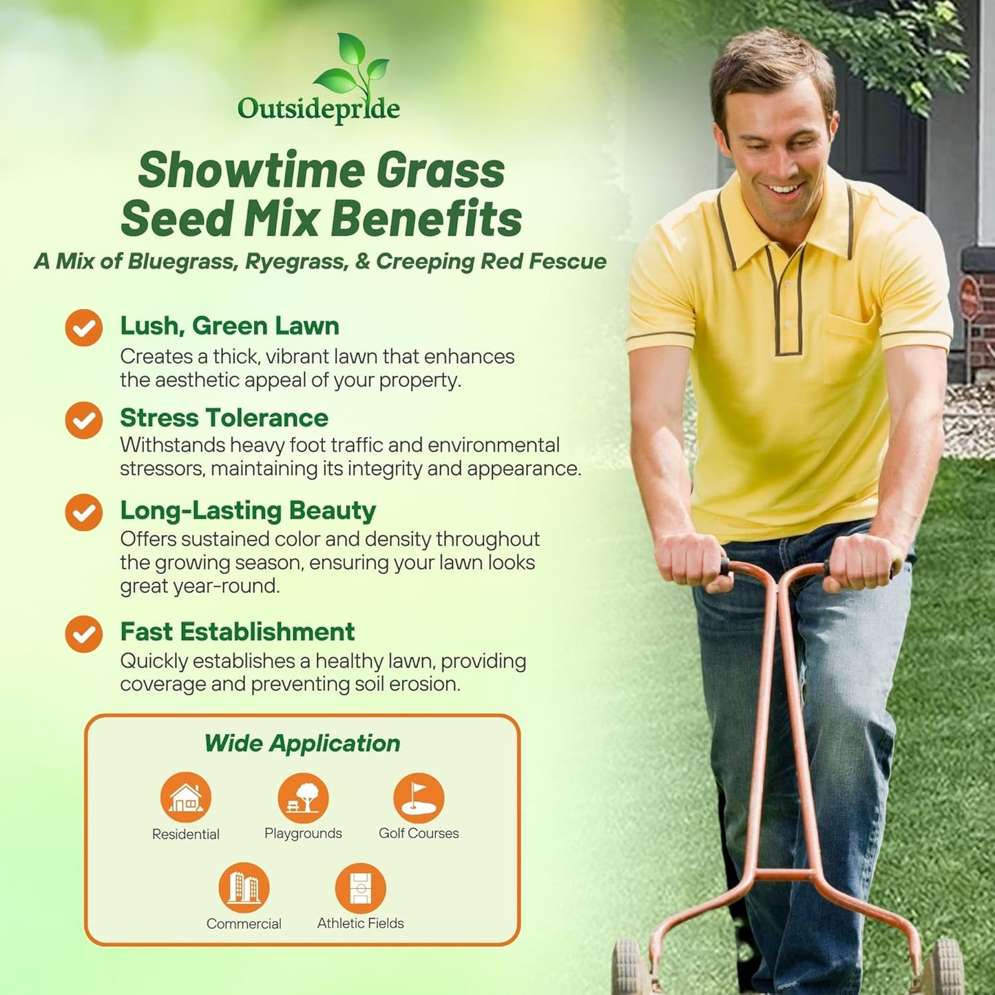 Outsidepride Showtime Perennial Lawn Grass Seed Mix - 5 lbs. Premium Blend of Creeping Red Fescue, Rye Grass & Kentucky Bluegrass Seed for Sports Fields, OptiGrowth Coated for Better Establishment