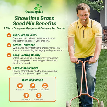 Outsidepride Showtime Perennial Lawn Grass Seed Mix - 50 lbs. Premium Blend of Creeping Red Fescue, Rye Grass & Kentucky Bluegrass Seed for Sports Fields, OptiGrowth Coated for Better Establishment
