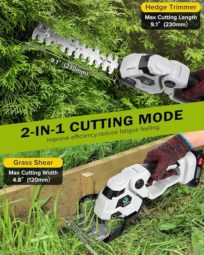 Cordless Hedge Trimmer,2 in 1 Cordless Grass Shear & Hedge Shear/Shrubbery Trimmer with Dual-Action Blade Cutting Capacity,Hedge Shear with 2 PCS Rechargeable Battery and Charger for Garden,Lawn
