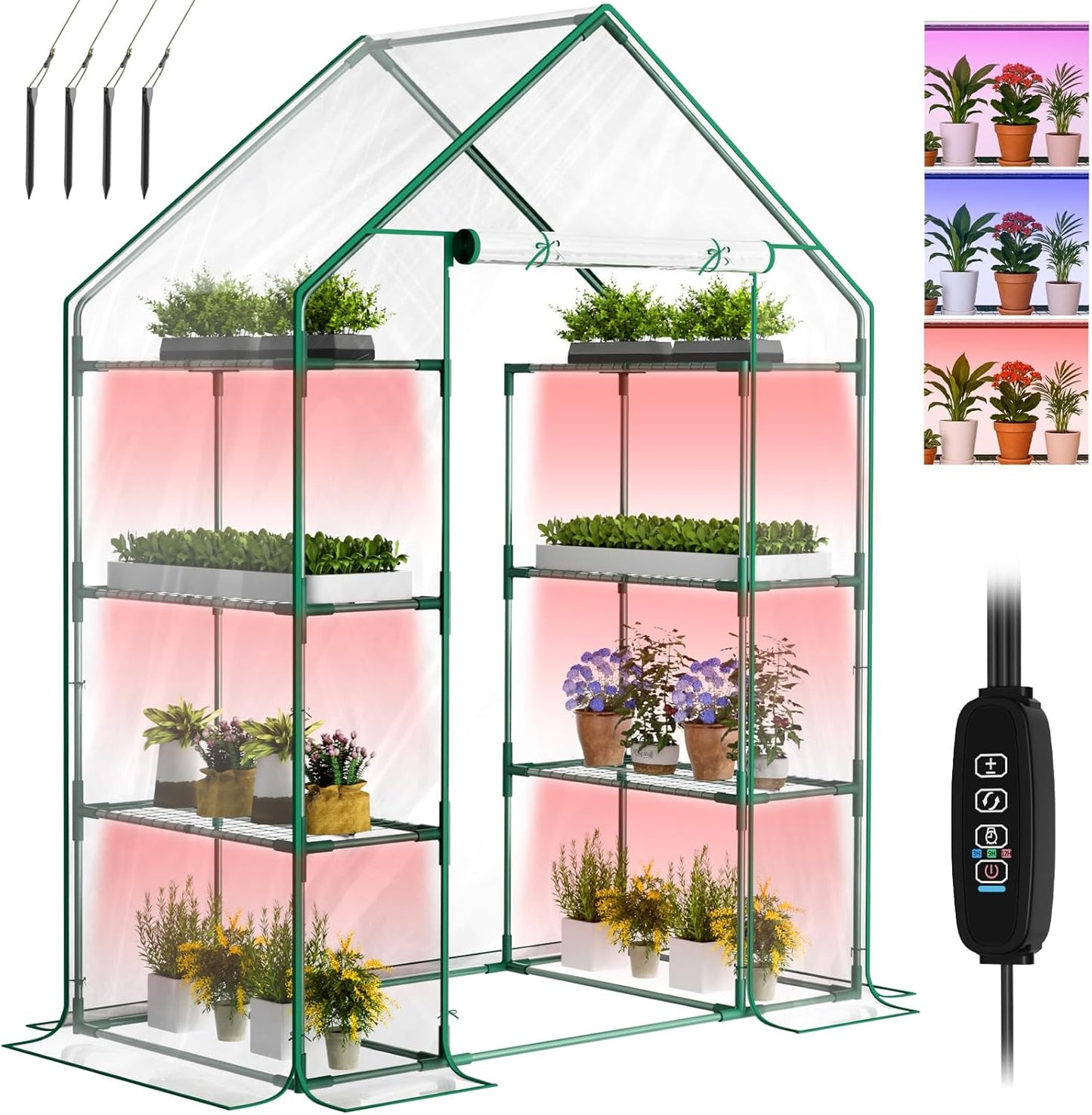 SUNYRISY Indoor Greenhouse with Grow Lights Plant Stand Shelf, 4 Tier Wall in Mini Small Greenhouse Kit with Zippered PVC Tent for Garden Seed Starting Tray, 36W Full Spectrum