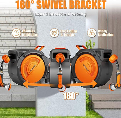 5/8" × 110 ft Retractable Hose Reel, Heavy Duty Retractable Garden Hose Reel Wall Mounted with 10-Pattern Hose Nozzle/Any Length Lock/Slow Return System/180°Swivel Bracket, Orange