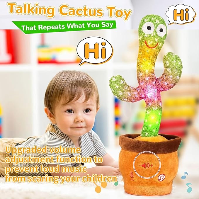 Volume Adjustable Dancing Talking Cactus, Singing Repeating Recording Mimicking Cactus Baby Toys, Interactive Learning Tummy Time Toy for Toddler Boys Girls Funny