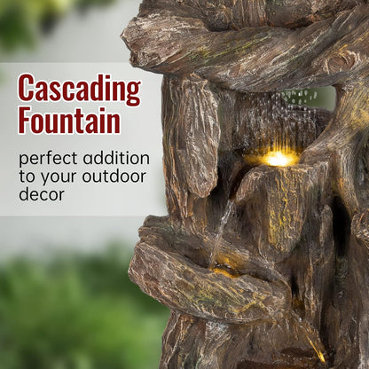 Ferrisland 5-Tiered Tree Trunk Large Water Fountain with LED Lights and Pump, 39.8" Tall Outdoor Freestanding Fountain, Realistic Wood Natural Looking Floor Resin Statue for Garden Patio & Backyard