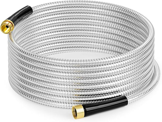 SPECILITE Stainless Steel Garden Water Hose 25 FT, Flexible and Lightweight Pipe, Non-Expandable Heavy Duty Metal Waterhose with Brass Fittings for Reel, Yard, Outdoor, Boat