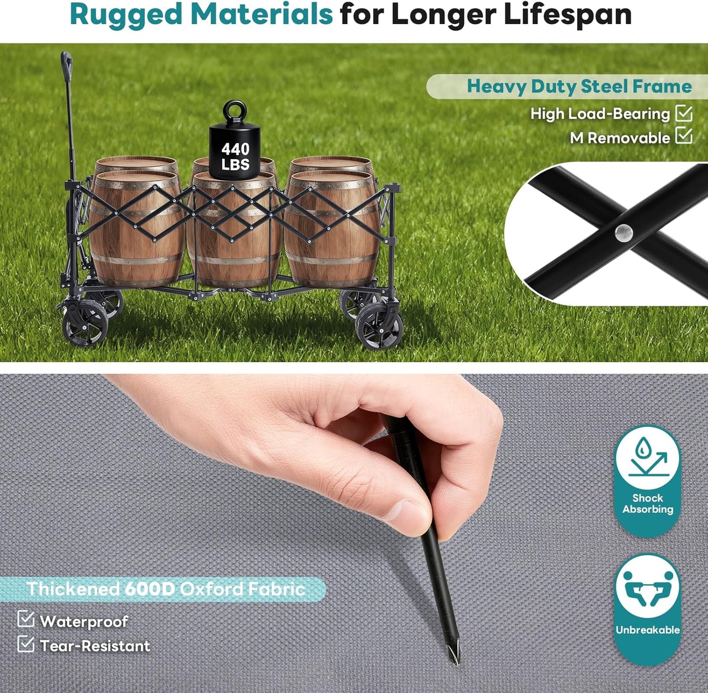 OLIXIS Collapsible Wagon Cart - 440lbs Foldable Extra Long Heavy Duty Utility Wagon with Wheels, Portable Storage Grocery Cart for Camping, Shopping, Sports, Beach, Garden (Grey, 48" L)