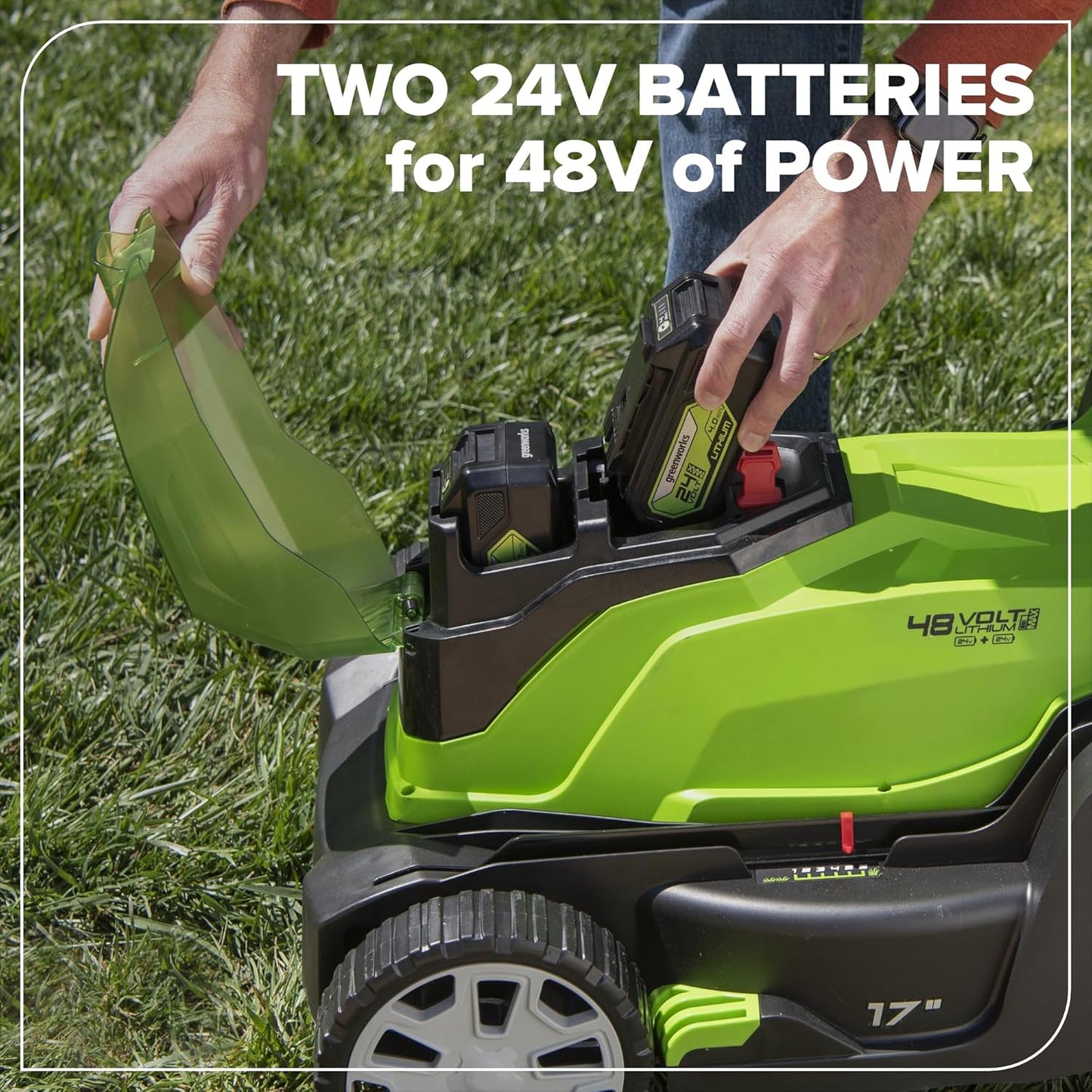 Greenworks 48V (24V x 2) 17" Cordless (Push) Lawn Mower (125+ Compatible Tools), (2) 4.0Ah Batteries and Dual Port Rapid Charger Included