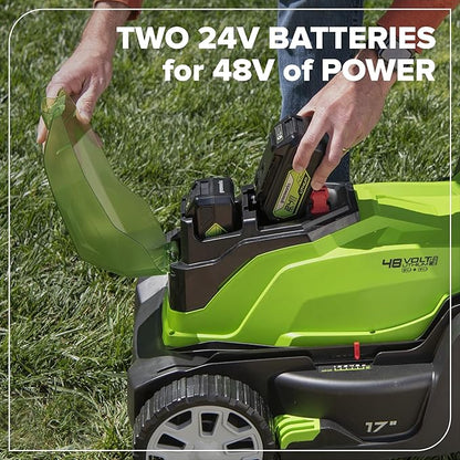 Greenworks 48V (24V x 2) 17" Cordless (Push) Lawn Mower (125+ Compatible Tools), (2) 4.0Ah Batteries and Dual Port Rapid Charger Included