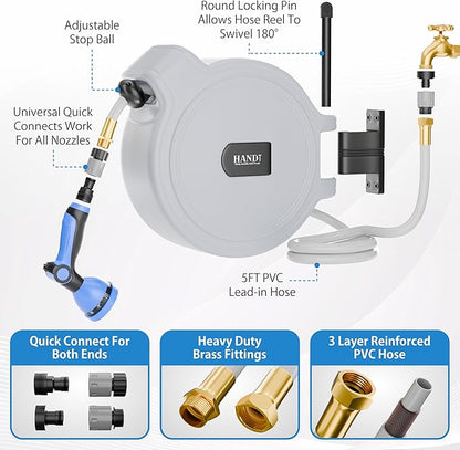 USA Based Retractable Garden Hose Reel, 1/2 in x 50 ft Quick Connect 10-Pattern Sprayer, Wall Mounted Auto Self Retracting Water Hose Reels, UV Resistant Automatic Rewind 180° Mount | Gray