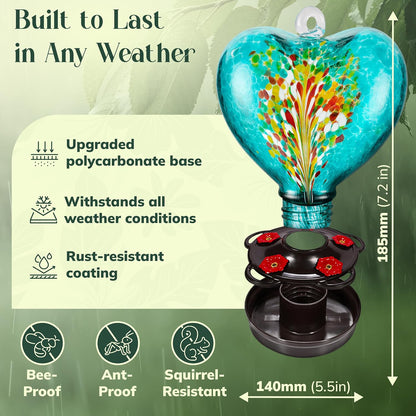 Hand Blown Glass Hummingbird Feeder for Outdoors All Season Use - 28 Fl. Oz. Leak Proof Hummingbird Feeder with Rust Proof Base - Includes Ant Moat, Ant & Bee Proof (Teal)