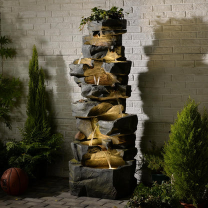 58“H Outdoor Garden Water Fountain 6 Tiers Large Cascading Rock Natural Waterfall Outdoor Fountain with LED Lights for Patio Porch Backyard Home Art Decor