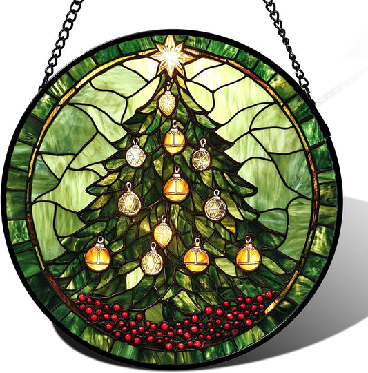 Stained Glass Window Hanging - Green Christmas Tree Golden Bells Suncatcher for Doors Home Christmas Decoration Sun Catcher Thanksgiving New Year Birthday Gift for Women Men Mom Nana 11.8 in