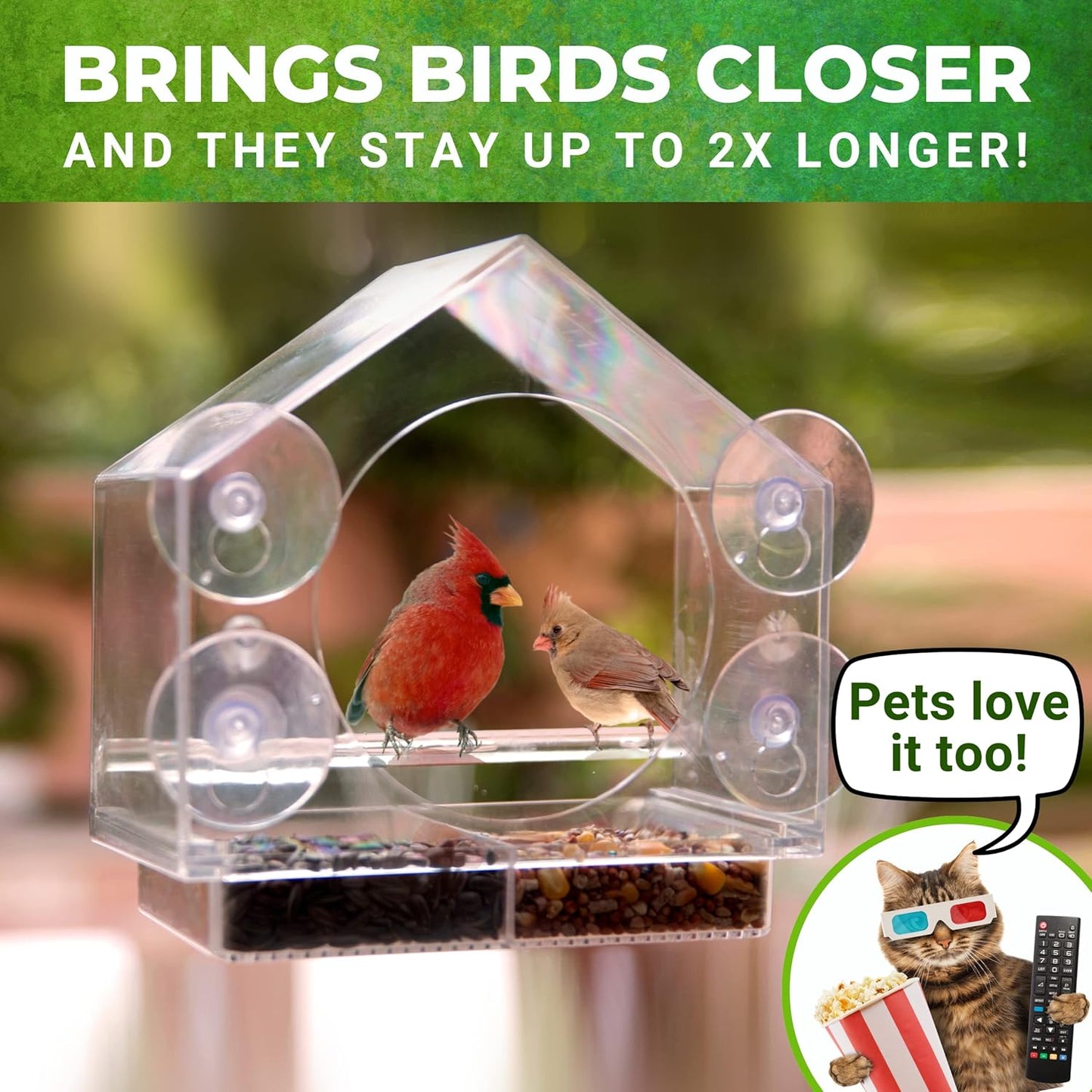 Nature Anywhere Window Bird Feeder - Transparent Acrylic Bird Feeders for Outdoors - Enhanced Suction Grip, Bird Watching for Cats, Easy-to-Clean, Outdoor Birdhouse Feeder (1 Unit)