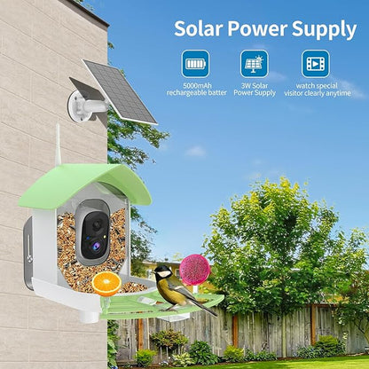 Bird Feeder with Camera, AI Identify Birds Species, FHD 2K Video Quality Bird Watching, Wireless Outdoor Weatherproof Birds House, Solar-Powered, for Garden, Yard,Patio, Green