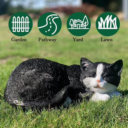 Sleeping Cat Statue Garden Decor, Outdoor Cat Sculpture & Figurine Lawn Ornament, Black & White Tabby Statue for Patio, Lawn, Yard Decorative, Cute Kitten Memorial Grave Accessory