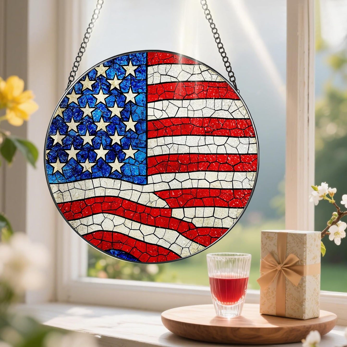 Stained Glass Window Hanging, Pauyadu 8 Inch American Flag Stained Glass Suncatcher, Patriotic Home Decor, Window Decor, USA Flag Gift Ideas, Patriotic Themed Gifts, Gifts for Women and Men