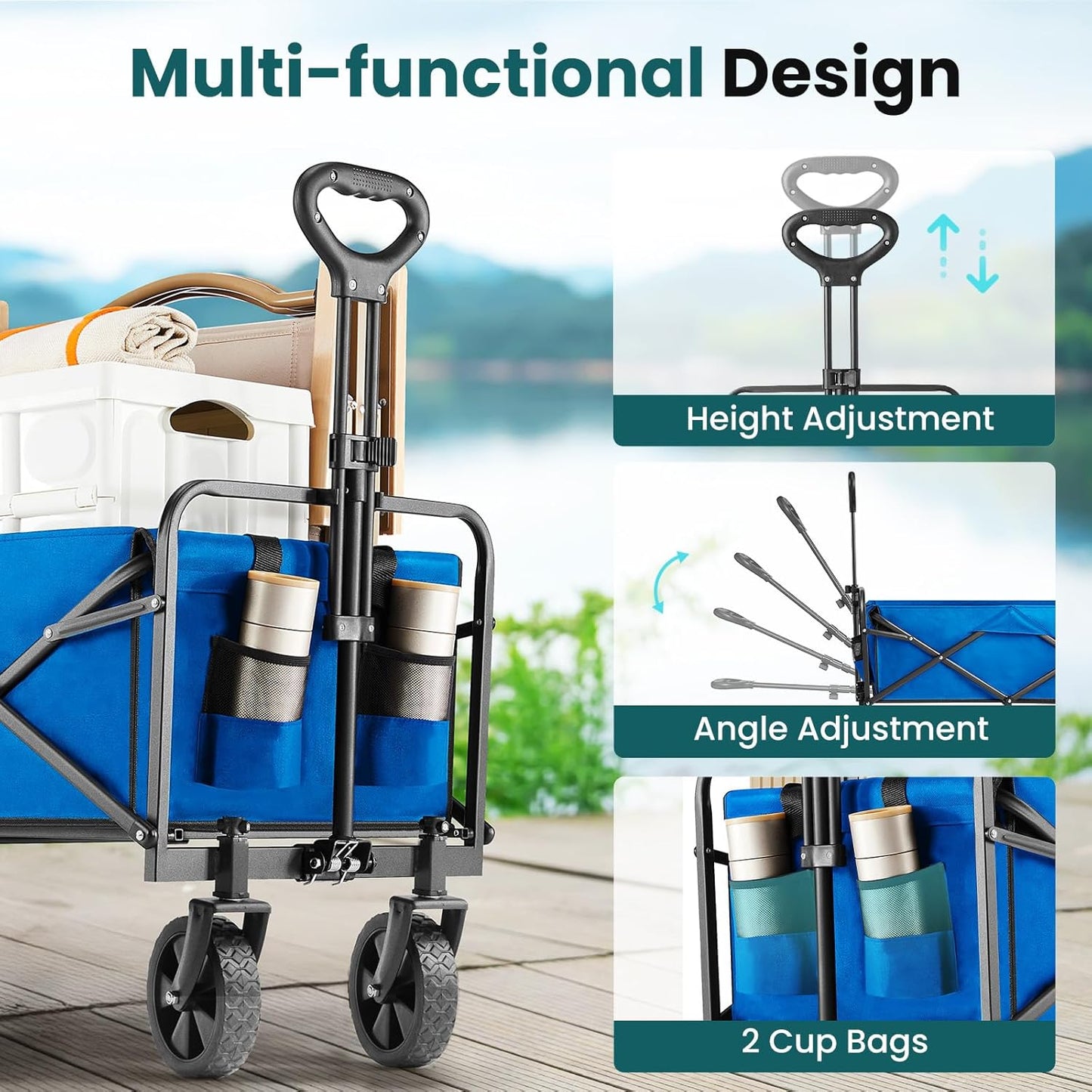 OLIXIS Wagon Cart, Heavy Duty 400 LBS Foldable Collapsible Large Wagons Carts with Wheels Smooth Maneuverability for All-Terrain, Suitable for Gardening, Camping, Beach - Blue