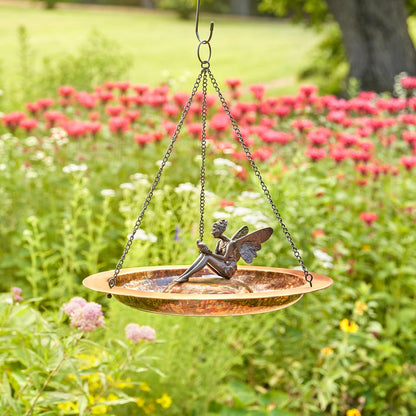 Good Directions Hanging Fired Copper Bird Bath with Fairy for Outside Backyard, Outdoor, Patio, Garden, Birdbath Gift for Bird Lovers Watchers, Large 18" Copper