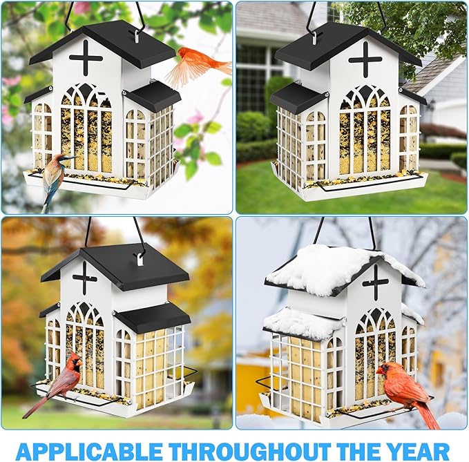 5LB Church Metal Hanging Bird Feeder for Outdoors, Weatherproof Suet Feeders for Outside Hanging, Large Bird Feeders Great for Attracting Finch, Woodpecker and More Wild Birds-Blue