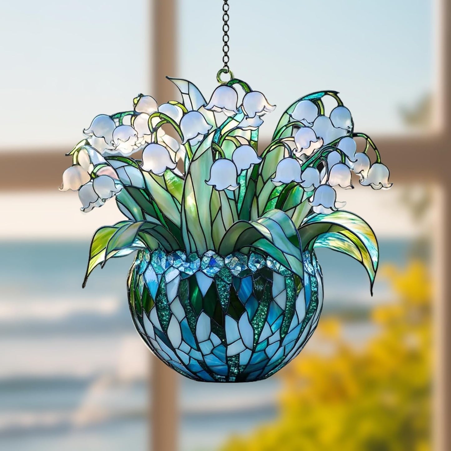 Lily of The Valley May Month Flower Acrylic Suncatcher Stained Glass Effect Window Car Hanging Christmas Ornament Indoor Outdoor Decor Garden Sun Catcher for Flower Lover Gift for Women Mom Grandma