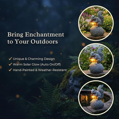 Solar Garden Statue – Hand-Painted Resin Squirrel on Pinecone with Glowing LED Acorn – Charming Yard, Patio & Balcony Decor – Gift for Mom, Grandma & Garden Lovers