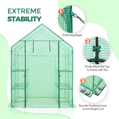 EAGLE PEAK Walk in 3-Tier Greenhouse with Wire Shelves, Portable Indoor and Outdoor Green House with Roll-Up Zippered Door & 2 Roll Up Windows, 8 Shelves, 56"x56"x77", Clear/Green PE Cover