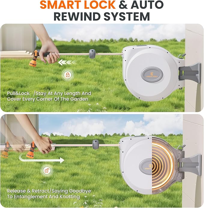 Giraffe Tools CW20 Retractable Garden Hose Reel 5/8" x 60 ft Heavy Duty Water Hose Reel, Swivel Bracket, Any Length Lock, Light Grey