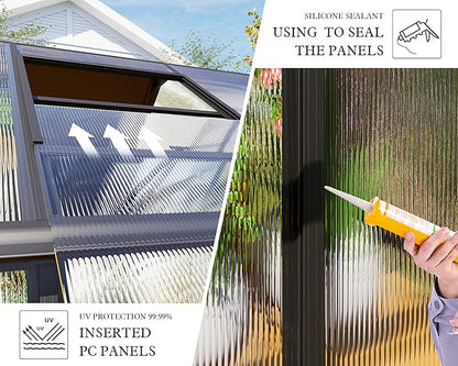 Howe 14x9.5x9 FT Polycarbonate Greenhouse with 2 Vents and Double Swing Doors 6FT Added Wall Height, Walk-in Large Sunroom Aluminum Greenhouse for Outdoors, Black