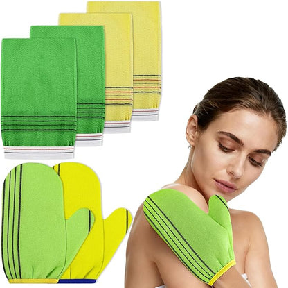 Korean Exfoliating Mitt & Glove Set, 4-Pack Exfoliating Bath Towels and 2-Pack Bath Gloves in Green & Yellow for Deep Dead Skin Removal, Smooth Skin and Spa-Like Experience,