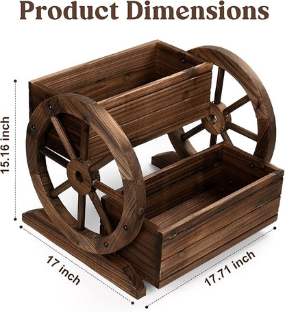 Wooden Wagon Planter Box, Garden Planter with Wheels,Decorative Planter for Flowers Herbs Vegetables for Indoor & Outdoor Décor, Flower Cart for Patio Garden Balcony
