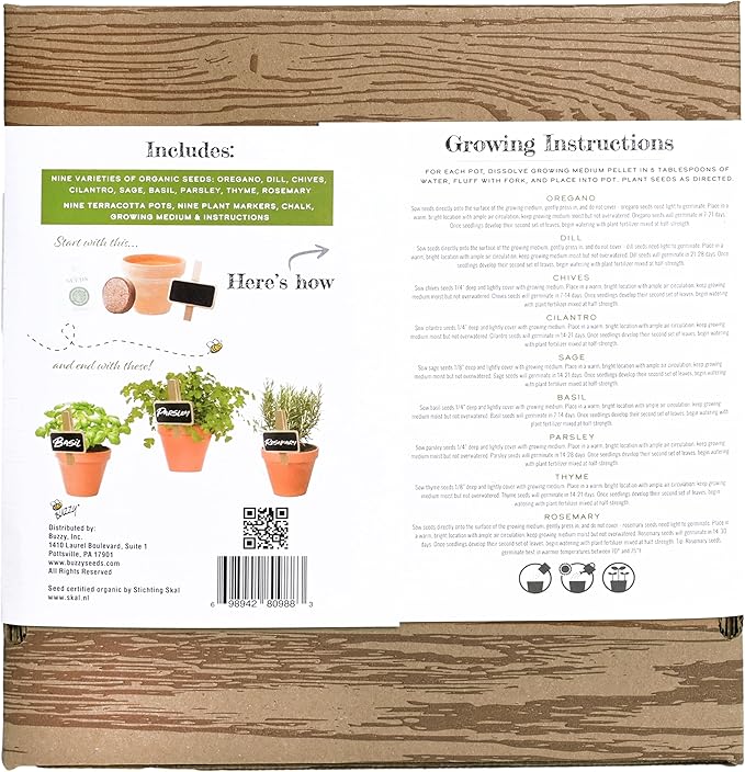BUZZY Seeds 9 Pot Terracotta Grow Kit Organic Herb Seed Starter Set for Indoor Planting | Includes Seeds, Planting Pots, Soil and Plant Markers, Easy Gardening Gift, Kids Project, Gifts for Teachers