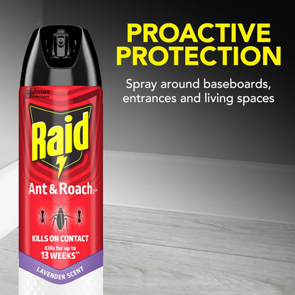 Raid Ant & Roach Killer Spray for Listed Bugs, Keeps Killing for Weeks, Lavender Scent, 17.5 oz