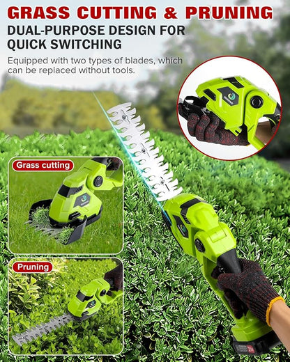 Cordless Hedge Trimmer，2-in-1 Hedge Trimmer，Cordless Grass Shear & Shrubbery Trimmer with Dual-Action Blade Cutting Capacity,Hedge Shear with 2 PCS Rechargeable Battery and Charger for Garden,Lawn