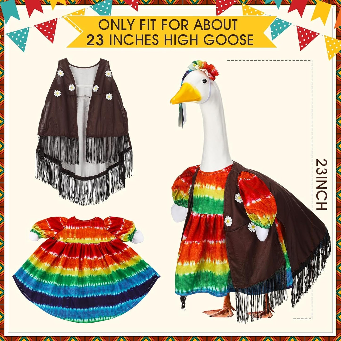 Suzile Hippie Goose Outfit Tie Dye Party Decoration Dresses Clothes for 23" High Cement or Plastic Porch Goose Costume for Holiday Yard Lawn Outdoor Garden Patio Groovy Party Rainbow Pride Statue