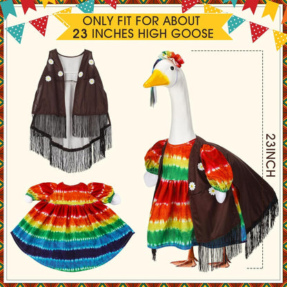 Suzile Hippie Goose Outfit Tie Dye Party Decoration Dresses Clothes for 23" High Cement or Plastic Porch Goose Costume for Holiday Yard Lawn Outdoor Garden Patio Groovy Party Rainbow Pride Statue
