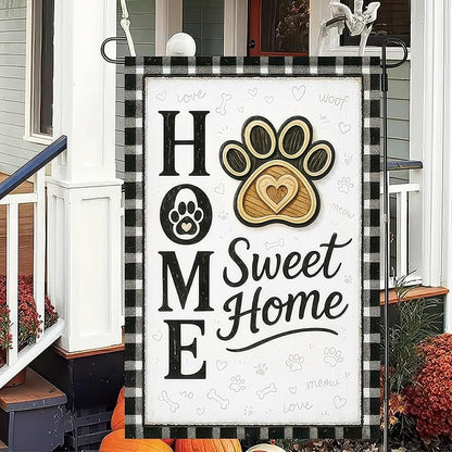 Garden Flags 12x18 Inch Home Sweet Home Garden Flag Paw Print Design Black and White Plaid Border Outdoor Decorative Flag for Pet Lovers Yard Flag for Porch Lawn