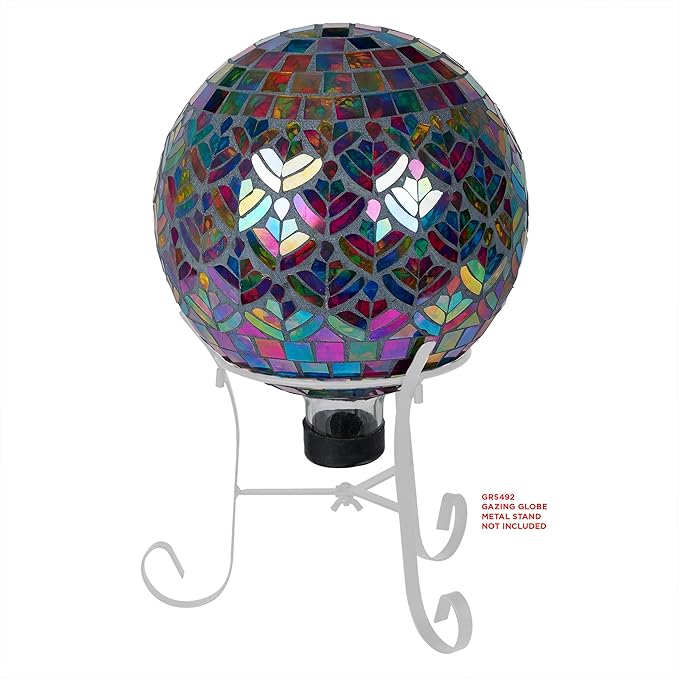 Alpine Corporation - Outdoor Glass Mosaic Peacock Gazing Globe - Iridescent Garden Decor, 10" Diameter, Multicolor