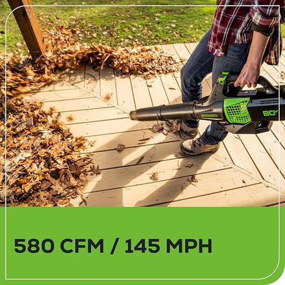 Greenworks 80V (145 MPH / 580 CFM / 75+ Compatible Tools) Cordless Brushless Axial Leaf Blower, 2.5Ah Battery and Charger Included